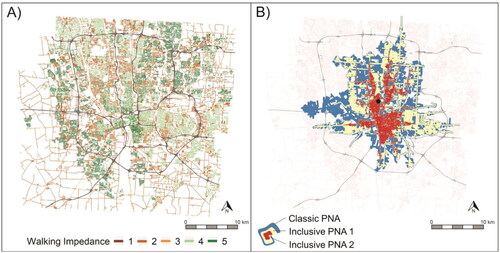 Figure 6. (A) Predicted walking impedance scores and (B) classic and inclusive potential network area (PNA) for a representative traveler (White woman in late twenties with low income and working part time) who is moderately sensitive to the travel environment.