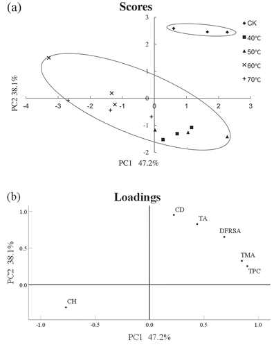 Figure 3. Scatterplot of scores (a) and loadings (b) for PC1 and PC2 of samples treated at different microwave irradiation temperature and CK.Figura 3. Diagrama de dispersión de las puntuaciones (a) y las cargas (b) para PC1 y PC2 de las muestras tratadas con diferentes temperaturas de irradiación con microondas y CK