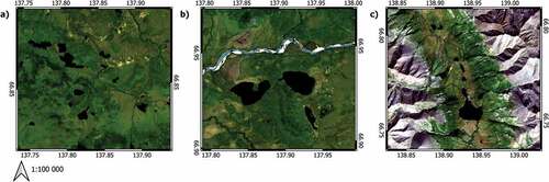 Figure 2. Three selected test sites a) Lowland conditions; b) River and wetland conditions; c) Mountainous area with river-lake system.