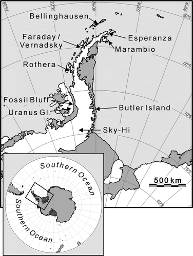 FIGURE 1.  Location map for the Antarctic Peninsula. Areas of floating ice shelves have darkest shading