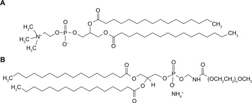Figure 1 Chemical structures of (A) dipalmitoylphosphatidylcholine and (B) dipalmitoylphosphatidylethanolamine methoxy-poly(ethylene glycol).Notes: n = 45, 67, and 113 for 2000, 3000, and 5000 MW poly(ethylene glycol), respectively, where n denotes the number of ethylene glycol oligomers present.