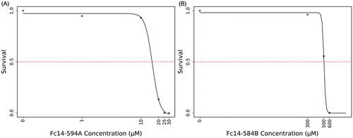 Figure 5. LC50 determination of the two compounds: The LC50 dose for the drugs, Fc14–584B and Fc14–594 A was determined based on cumulative mortality of 5 days after the exposure of embryos to the different concentration of the drugs. The LC50 were determined after three independent experiments with similar experimental conditions (n = 30).