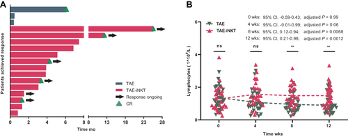 Figure 3 Duration of Response and Quantification of Lymphocytes. (A) Duration of response among responders. (B) Quantification of lymphocytes (ns, p>0.05; **p<0.01).