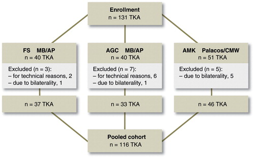 Figure 1. Flow chart describing the 3 initial study populations and the pooled study cohort. AGC – Anatomic Graduated Components knee (Biomet). See also abbreviations in Table 1.