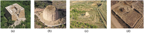 Figure 3. Beacons of different forms in the study area. (a) Square Beacon. (b) Round Beacon. (c) No Courtyard Beacon. (d) Courtyard Beacon.