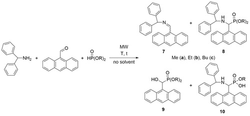 Scheme 3. Kabachnik–Fields reaction of benzhydrylamine, 9-anthraldehyde and dialkyl phosphites.