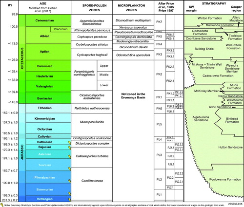 Figure 2. Chronostratigraphy of the broader Eromanga Basin showing the palynological zones (spore-pollen and microplankton after Helby et al., Citation1987; modifications after Alley et al., Citation2006) used in dating the succession. Where Coorikiana Sandstone is not present, the Aptian–Albian shale succession is referred to as Marree Subgroup.