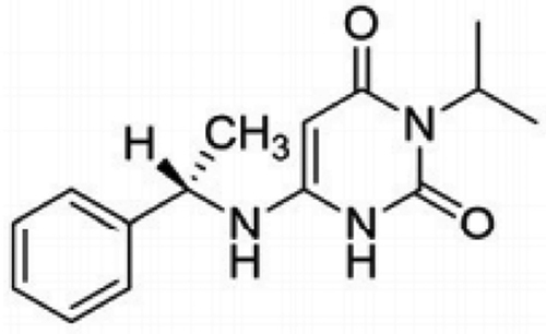 Figure 1 Molecular structure of mavacamten, 6-[[(1S)-1-phenylethyl]amino]-3-propan-2-yl-1H-pyrimidine-2,4-dione.