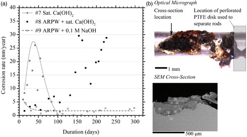 Figure 3. (a) Average corrosion rate of immersed steel specimens in anaerobic electrolyte at 50°C. Abbreviations: ARPW, artificial rock pore water. (b) Optical micrograph of the single site of localised corrosion from Cell #8, and SEM micrograph of cross-section.