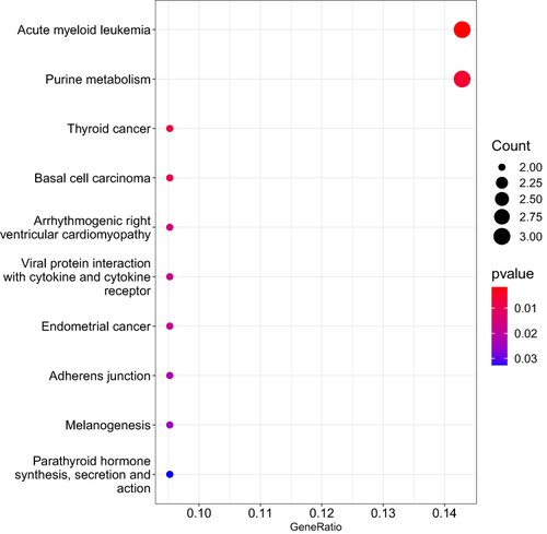 Figure 3 The top 10 pathways that contained over-representation of the differentially expressed transcripts contained within the module derived from weighted gene correlation network analysis for body mass index are shown. The size of the dot represents the number of transcripts within the pathway that were over-represented relative to the total number of transcripts included in the analyses. The color of the dot shows the magnitude of the false discovery rate-adjusted p-value.