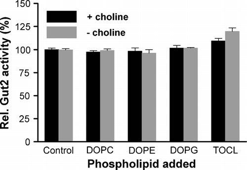 Figure 4.  The influence of different phospholipids on Gut2 activity. The indicated phospholipids were added to an at least 6-fold molar excess over the corresponding mitochondrial phospholipid (based on De Kroon et al. 1999) to Triton X-100 solubilized mitochondria from cho2opi3 cells grown in the presence (black) or absence (grey) of 1 mM choline for 4 generations. The mixture was incubated for 15 min at room temperature and subsequently the Gut2 activity was measured using the 96 well plate assay as described in the Materials and methods section. The activity in the control (no lipids added) was set at 100%. The error bars represent the SD (n=3).