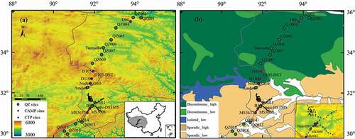 Figure 1. The terrain (A) and permafrost distribution (B) of the study area. Inset small panels in (A) and (B) showed the location of the study area and the CTP-SMTMN sites, respectively. The high and low in (B) refers to the ice content of the permafrost