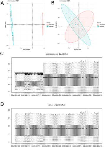 Figure 1 Box plots of gene data distribution in sepsis. (A) PCA diagrams before removing batch effect; (B) PCA diagrams after removing batch effect; (C) box plots before removing batch effect; (D) box plots after removing batch effect.