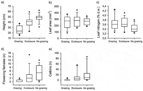 Figure 5. Comparisons of Salix lapponum (a) height (cm), (b) leaf area (mm2), (c) leaf nitrogen concentration (% of dry mass), (d) number of fertile female plants, and (e) number of flowering catkins, and between grazed sites and exclosures (Finland) and nongrazed sites (Norway) measured in 2015.