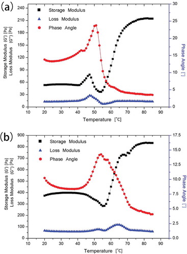 Figure 4. Dynamic rheological test curves of myofibrillar proteins. (a) In 0.6 mol/L KCl and (b) in 0.2 mol/L KCl.Figura 4. Curvas de los ensayos reológicos dinámicos de las proteínas miofibrilares. (a) en 0,6 mol/L de KCl, (b) en 0,2 mol/L de KCl.