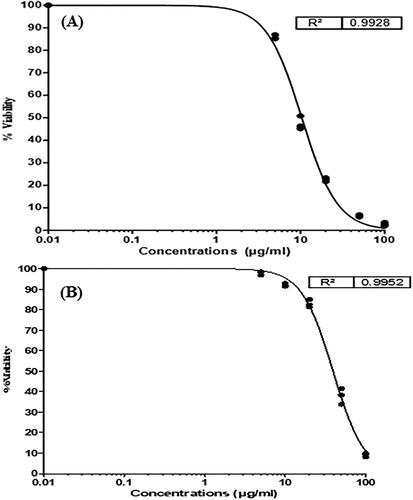 Figure 14. Results of cytotoxicity of pure sorafenib tosylate (a), and sorafenib tosylate-loaded nanosuspension (lyophilized formulation NSS6) on HepG2 cell line (B).