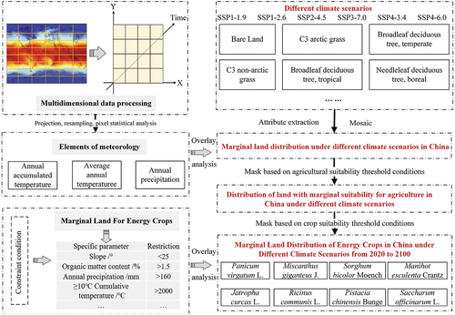 Figure 1. The methodological framework for generating marginal land suitability data in China under different scenarios from 2020 to 2100.