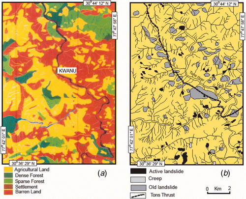 Figure 4. (a) Land use/land cover map of the study area. (b) Landslide distribution map plotted on the drainage map depicting old and active land slide locations including creep. Available in colour online.