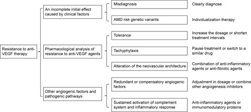 Figure 1 A framework to show the causes of resistance to anti-VEGF therapy and possible therapeutic approaches.