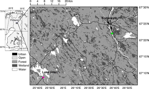 Fig. 1 The study region in northern Finland. The green and red dots mark the Sodankylä weather station and Lake Unari observation site, respectively.