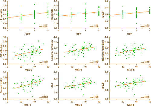 Figure 3 Correlations between exacted values of mean FDC of AD patients and scores of CDT and MES-E.