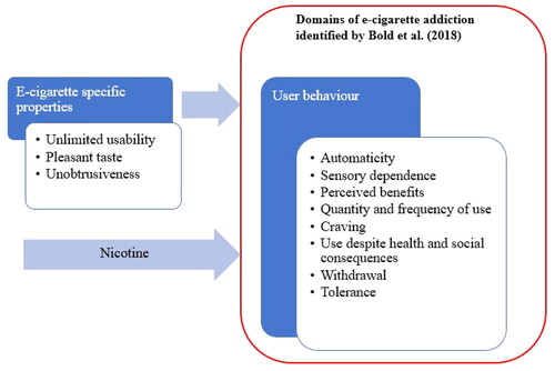 Figure 1. Model of the addictive potential of e-cigarettes (MAPE). Two of the domains (impaired control, preferred over competing rewards) identified by Bold et al. were not found in this study and therefore are not depicted here.