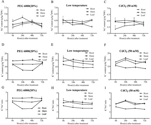 Figure 6 Variation in Na+, K+ contents and K+/Na+ ratio in tissues after PEG6000, low temperature and CdCl2 stress.(A)-(C) Na+ contents. (D)-(F) K+ contents. (G)-(I) K+/Na+ ratio. Data are presented as the mean ± SE (n=3).