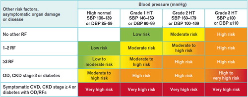 Figure 1. Stratification of total CV risk in categories of low, moderate, high and very high risk according to SBP and DBP and prevalence of RFs, asymptomatic OD, diabetes, CKD stage or symptomatic CVD. Subjects with a high normal office but a raised out-of-office BP (masked hypertension) have a CV risk in the hypertension range. Subjects with a high office BP but normal out-of-office BP (white-coat hypertension), particularly if there is no diabetes, OD, CVD or CKD, have lower risk than sustained hypertension for the same office BP.