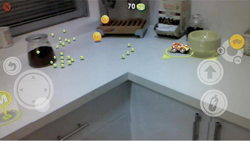 Figure 13. Augmentation of the real physical world with virtually rendered 3D objects using a device with embedded RealSense module. Here, a digitally rendered car is shown racing on a real kitchen table and colliding into a physical bowl, with realistic physical effects such as collision with real objects, correct occlusion and shadows, etc.