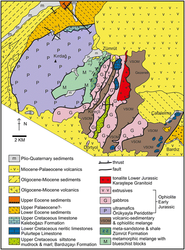 Figure 18. Outline tectonic map of the Kırdağ area. A large thrust sheet of dismembered serpentinised ultramafic rock is structurally underlain by a tectonic slice complex, which is made up of dismembered upper crustal ophiolitic rocks, intersliced with volcanic-sedimentary and ophiolitic melange and Eurasian margin-derived sediments. The ophiolitic gabbro is cut by a tonalite intrusion, radiometrically dated as Early Jurassic. Late Cretaceous pelagic carbonates and Late Palaeocene?–Early Eocene terrigenous gravity flows structurally underlie the peridotite nappe. The area also hosts a metamorphic melange (undated) with blocks of HP-LT lithologies and an underlying slice of metaterrigenous sandstone (also undated) (see Figure 3; compiled from Konak & Hakyemez, Citation2008a; Konak & Sümengen (Citation2009); Parlak, Çolakoğlu, et al., Citation2013 and this study).