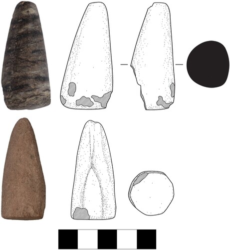 Figure 12 Groundstone ‘cone’ objects. Scale is 5 cm long (C. Kolb).