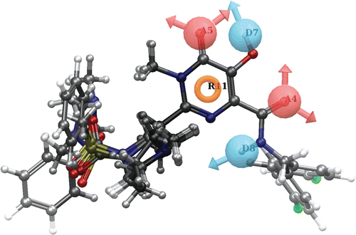 Figure 1.  Common pharmacophore model alignment of active compounds. Spheres with vectors A4 and A5 are acceptor features, sphere R11 is aromatic ring feature and spheres with vectors D7 and D8 are represents donor features.