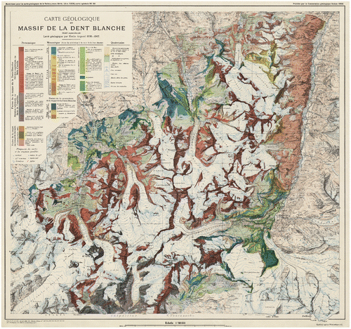 Figure 2. Émile Argand’s great map of the Dent Blanche and surroundings which formed a part of his dissertation mapping. The pink-red areas correspond with the Lower Austroalpine Dent Blanche Nappe floating on the ophirags and the schistes lustrés of the Pennine zone (greens and blues). The entire ensemble rests on the giant body of the Grand St. Bernard nappe (see Figure 3). This map was published by the Swiss Geological Commission, as issue XXIII, map No. 32 in 1908.