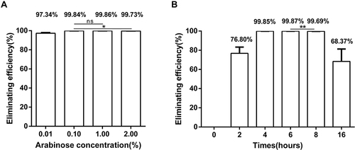 Figure 5 blaNDM-5 elimination efficiency with different arabinose concentrations and incubation time. (A) Elimination efficiency of blaNDM-5 with four different concentrations of arabinose (0.01%, 0.10%, 1.00% and 2.00%) at 6 h of incubation. (B) Elimination efficiencies at induction times of 0, 2, 4, 6, 8 and 16 h with 1.00% arabinose induction. Each experiment was performed in triplicate. Data points represent the mean value of three biological replicates, in which the error bars indicate the standard deviation. *p<0.05, **p<0.01.