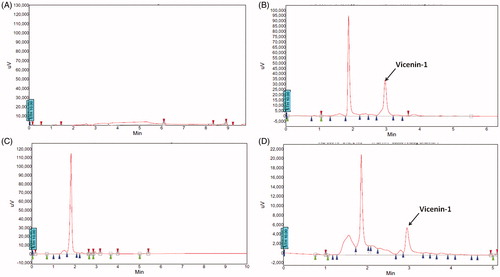 Figure 3. Representative chromatograms of methanol (A); plasma spiked with vicenin-1 (B); plasma sample at 0 h before administration of vicenin-1 (C) and plasma sample after 2 h of vicenin-1 administration at a single 60 mg/kg oral dose (D).