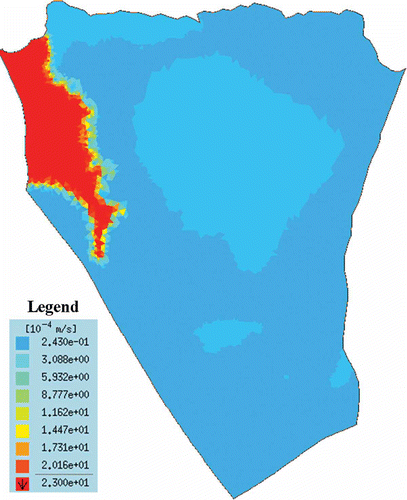 Fig. 6 Spatial distribution of hydraulic conductivity in the top model layer.