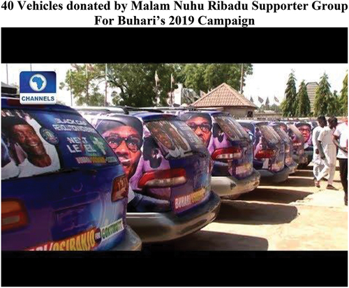 Figure 4. Forty vehicles donated by Malam Nuhu Ribadu Supporter Group for Buhari’s 2019 campaign.Source: https://www.channelstv.com/2019/01/01/controverty-arise-as-ribadu-donates-cars-for-buhari-re-election. campaign.