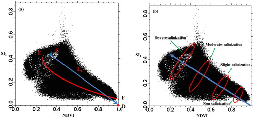 Figure 6. Construction of NDVI–SI1 feature space: (a) model of salinization detection index; (b) distance for different soil salinization levels in NDVI-SI1 space.