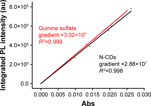 Figure S1 QY measurement of N-CDs using quinine sulfate as the reference.Abbreviations: Abs, absorbance; au, arbitrary units; N-CDs, nitrogen-doped carbon dots; PL, photoluminescence; QY, quantum yield.