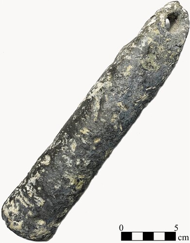 Figure 13. The other coastal sounding lead recovered from the Boot Reef shipwreck. It exhibits a more traditional tapered form and cylindrical or faceted cross-section (photo: Paul Hundley).