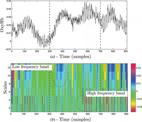Figure 6 Analysis of hemodynamic concentration from math task, a) details of channel 17, oxy-Hb b) Time-scale wavelet decomposition of the signal using Mexican hat wavelet (color figure available online).