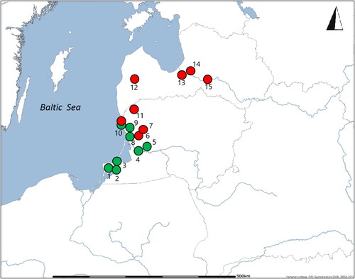 Fig 2 The reference data of East Baltic region cemeteries, used in the pilot study to compare the features of Ostriv with Baltic cemeteries Green — the Prussian, Curonian and Scalvian cemeteries analysed during the R Shiroukhov AvH Foundation project in 2017–19; Red — Samogitian, Semigallian, Curonian and Livs cemeteries analysed during the implementation of the Ostriv pilot-project in 2019–20. (1) Alejka-3 (Jaugehnen); (2) Kholmy (Mülsen); (3) Klincovka-1 (Wickiau); (4) Rzhevskoje (Linkuhnen); (5) Viešvilė I; (6) Bikavėnai; (7) Žąsinas; (8) Bandužiai; (9) Ramutten-Jahn (Ramučiai/Girkaliai); (10) Palanga; (11) Pavirvytės Gudai; (12) Raņķu Kapenieki; (13) Doles Vampinieši; (14) Salaspils Laukskola; (15) Lejasdopeli. Image by R Shiroukhov.