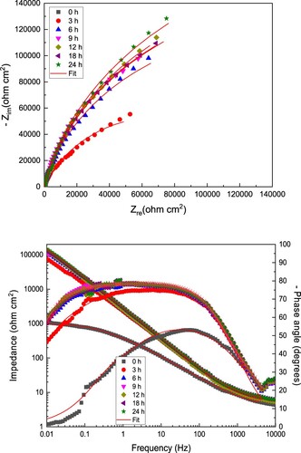 Figure 8. (a) Nyquist and (b) Bode diagrams for LDX 2101 duplex stainless steel in CO2-saturated 3.5% NaCl solution containing 600 ppm of CeO2 NPs.