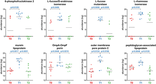 Figure 7. Selection of Proteobacteria-specific functions with differential abundance between the timepoints analyzed. Each patient is marked with a different shape; each timepoint is marked with a different color. Q-values (FDR) obtained upon paired t-test comparison between timepoints are shown.