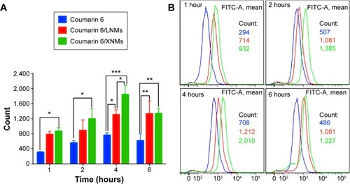 Figure 8 (A) The column graph showing cellular coumarin 6 fluorescence in A2780 cells following certain time incubation. Indicated values were mean ± SD (n=6). *P<0.05, **P<0.01, ***P<0.001. (B) Cellular uptake of coumarin 6, coumarin 6/LNMs, and coumarin 6/XNMs analyzed by flow cytometry.Abbreviations: XNMs, X-shaped (PLGA)2-SS-4-arm-PEG2000 polymer nanomicelles; LNMs, loaded linear (PLGA)2-SS-4-arm-PEG200 polymer nanomicelles; FITC, fluorescein isothiocyanate; SD, standard deviation; PLGA, poly(lactic-co-glycolic acid); PEG, poly(ethylene glycol).