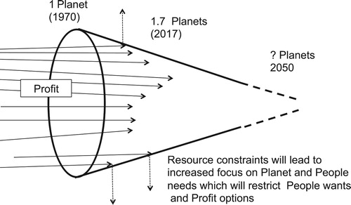 Figure 2. The funnel metaphor, describing how companies (Profit) will be struggling with increasing Planet and People constraints. Based on Robèrt (Citation2000).