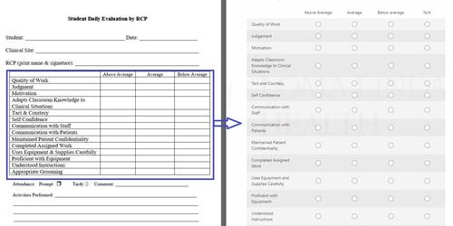 Figure 2 The paper form that students used to fill out on a daily basis and the same form converted into an online form with a link provided to the students ahead of time to access it via their clinical site computers. As noted, the evaluation categories are the same but converted online.