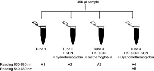 Figure 1. A1: Sample with its native MetHb; A2: potassium cyanide (KCN) converts MetHb present in the sample to CnMetHb; A3: potassium ferricyanide (K3FeCN6) converts Hb present in the sample into MetHb which is converted into stable CnMetHb by KCN; A4: A1 to A4 is read at 630 nm for the MetHb; A5: Tube 4 is read at 540 nm. The difference between Tube A1 and A2 corresponds to the native MetHb from the sample; the difference between Tube A3 and A4 corresponds to the MetHb that could be present in the sample produced by all forms of Hb.
