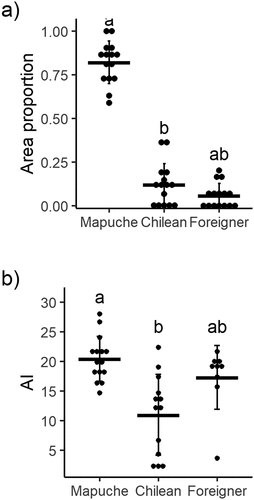 Figure 2. (a) Proportion of agricultural area for each cultural group (Indigenous Mapuche, Chilean, Foreigner) and (b) Agrobiodiversity index (AI) for each cultural group (Mapuche, Chilean, Foreigner), at each focal landscape (n = 15) in Araucanía region, south-central Chile. Horizontal lines represent the mean values ± SD. Significant differences (p < 0.1) are denoted by different letters (Dunn’s test).