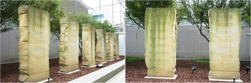 Figure 5. Left: Fiona Foley and Chris Knowles, The Lie of the Land, 1998, Courtyard in Melbourne Museum; right: Detail from Lie of the Land.